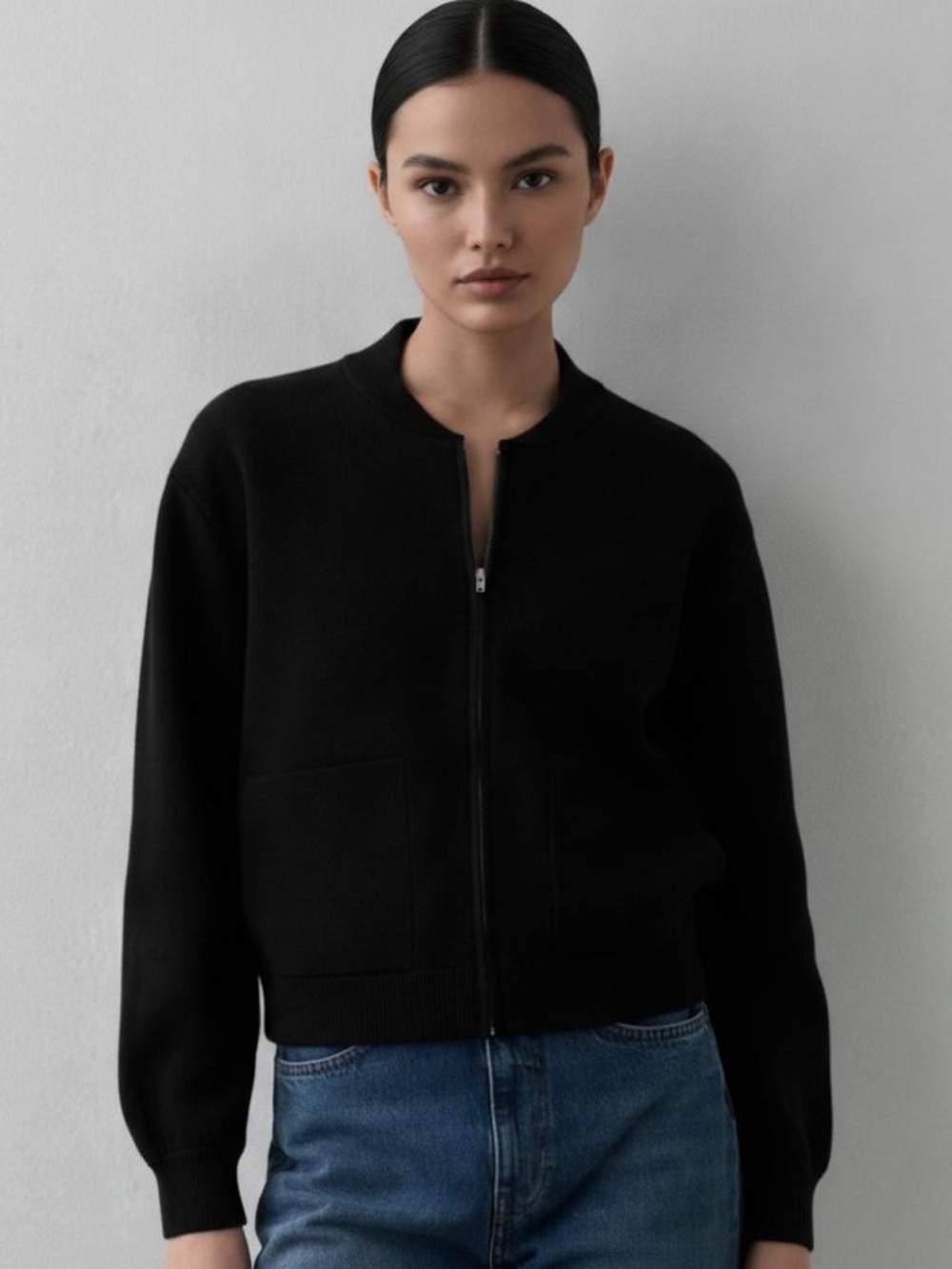 White + Warren Black Zip-Front Bomber Jacket